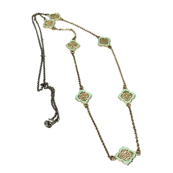 Fine Gold Station Chain Necklace w/ Mint Green Sections Single Strand Fashion - Picture 4 of 9